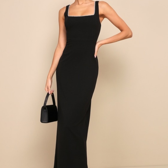 Lulus Timeless Poise Black Rhinestone Square Neck Backless Maxi Dress - Size XL - Picture 1 of 1